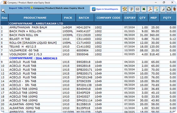 Product screenshot of retail pharma erp and retail pos for batch-wise expiry