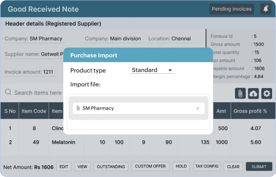 Product screenshot of retail pharma erp and retail pos for importing invoice