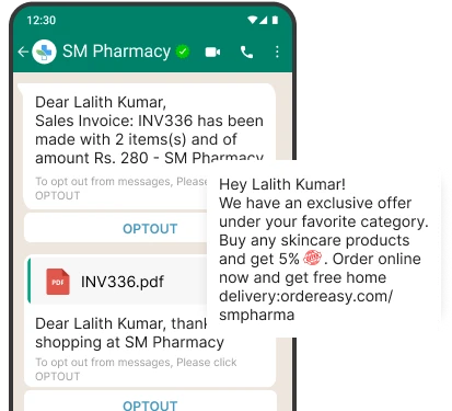 Product screenshot of retail pharma erp and retail pos for getting instant SMS and WhatsApp notifications