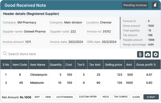 Product screenshot of retail pharma erp and retail pos for inventory management