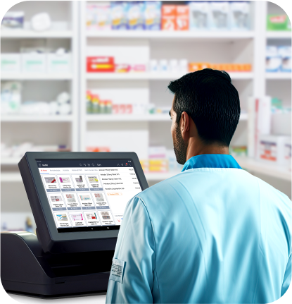 Image of a pharmacist in a pharmacy using Gofrugal pharma ERP