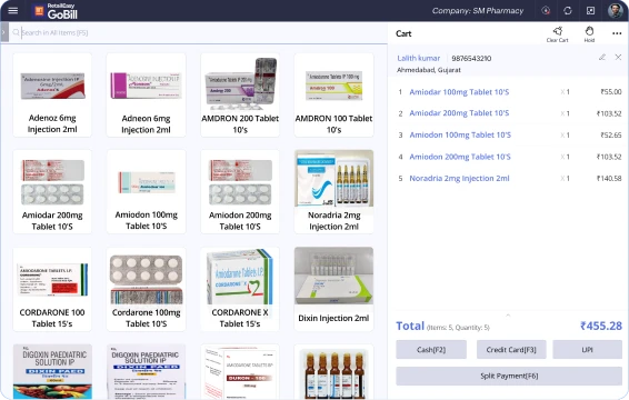 Product screenshot of retail pharma erp and retail pos for quick billing