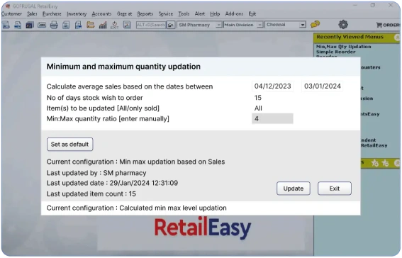 Product screenshot of retail pharma erp and retail pos for automatic purchase order creation