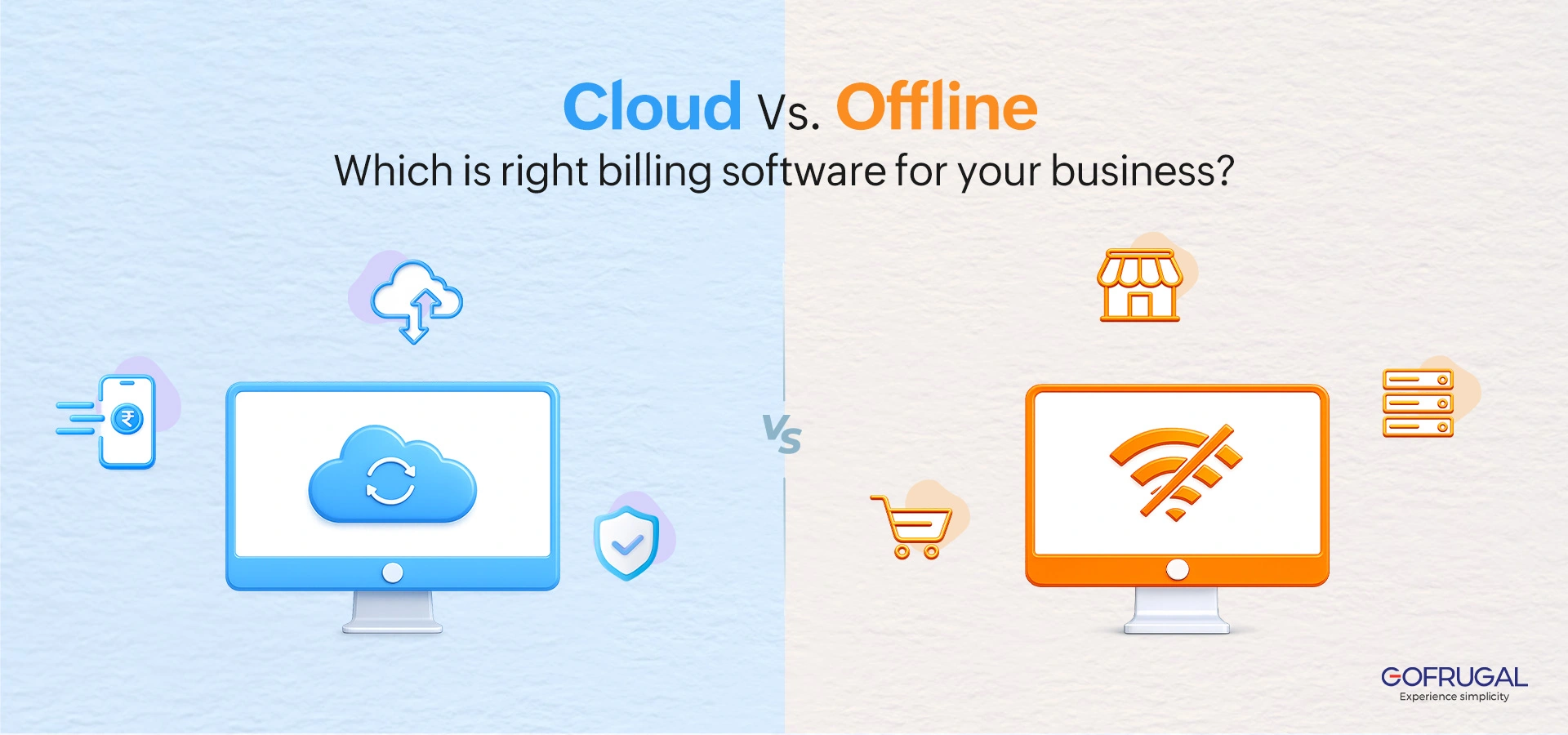 Cloud vs. offline billing software comparison banner for retail shops