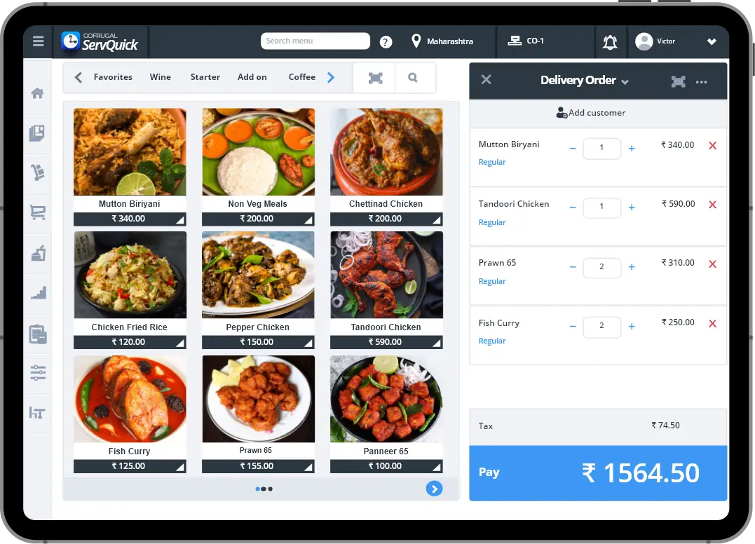 Gofrugal's restaurant management system is shown with on-premise features highlighting kitchen management software