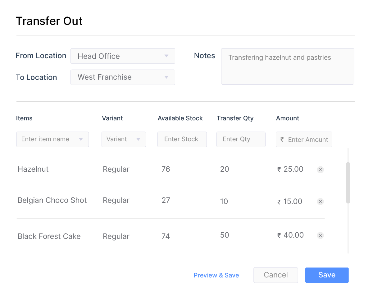 Stock transfer between locations