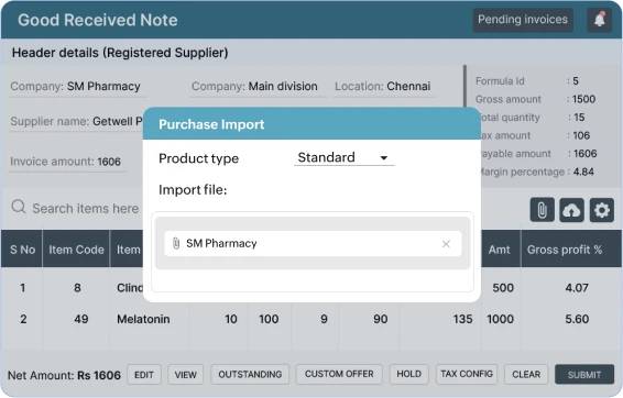 Product screenshot of retail pharma erp and retail pos for importing invoice