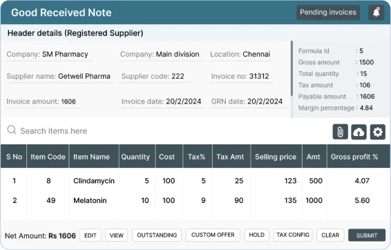 Product screenshot of retail pharma erp and retail pos for inventory management