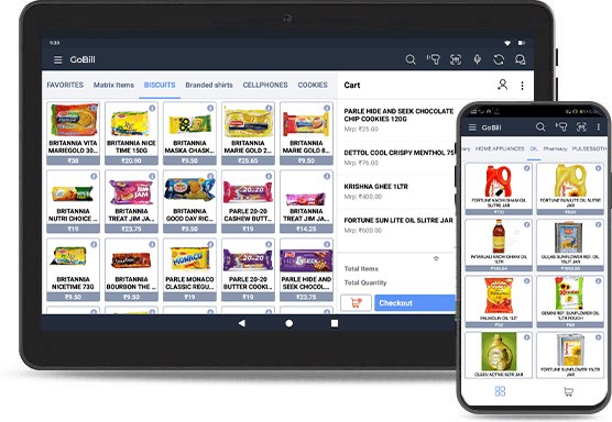 Image shows product screen of RetailEasy GoBill, Gofrugal's mobile POS Billing Software for efficient queue-busting at checkout counters.