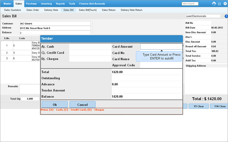 Sales Bill with Tender