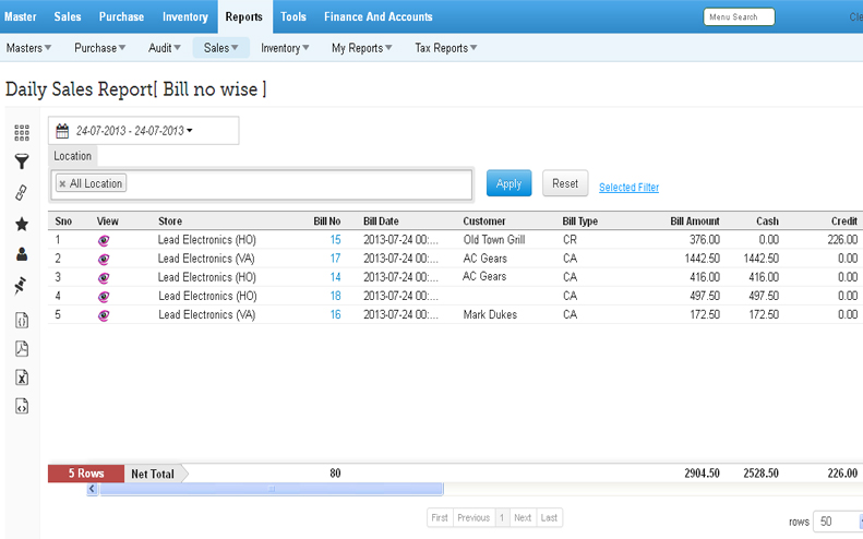 Sales Bill wise Reports